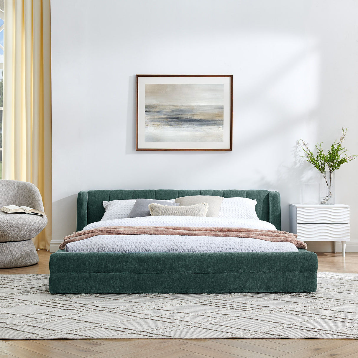 Modern Upholstered Bed Frame With Thick Chenille Fabric And Headboard