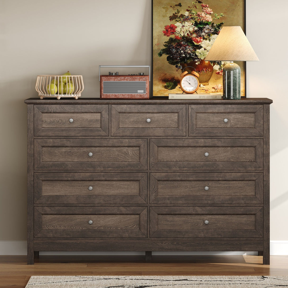 Rustic Storage Dresser With 9 Drawers And Silver Handle