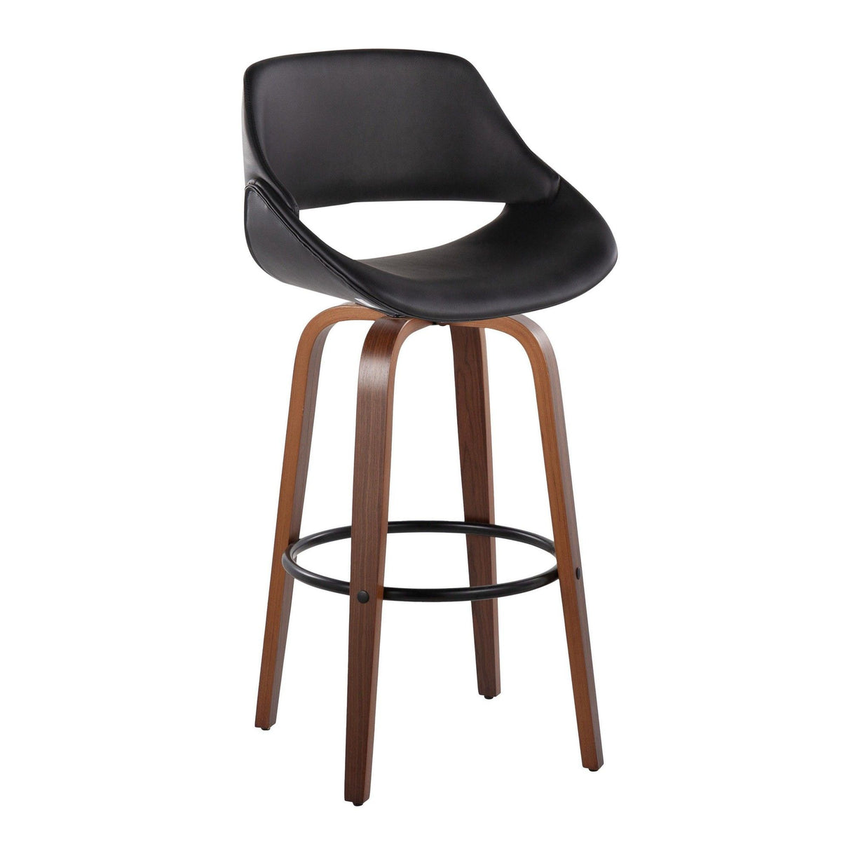 Fabrizzi - 30" Fixed-Height Barstool With Swivel And Round Black Metal Footrest (Set of 2) - Walnut Wood