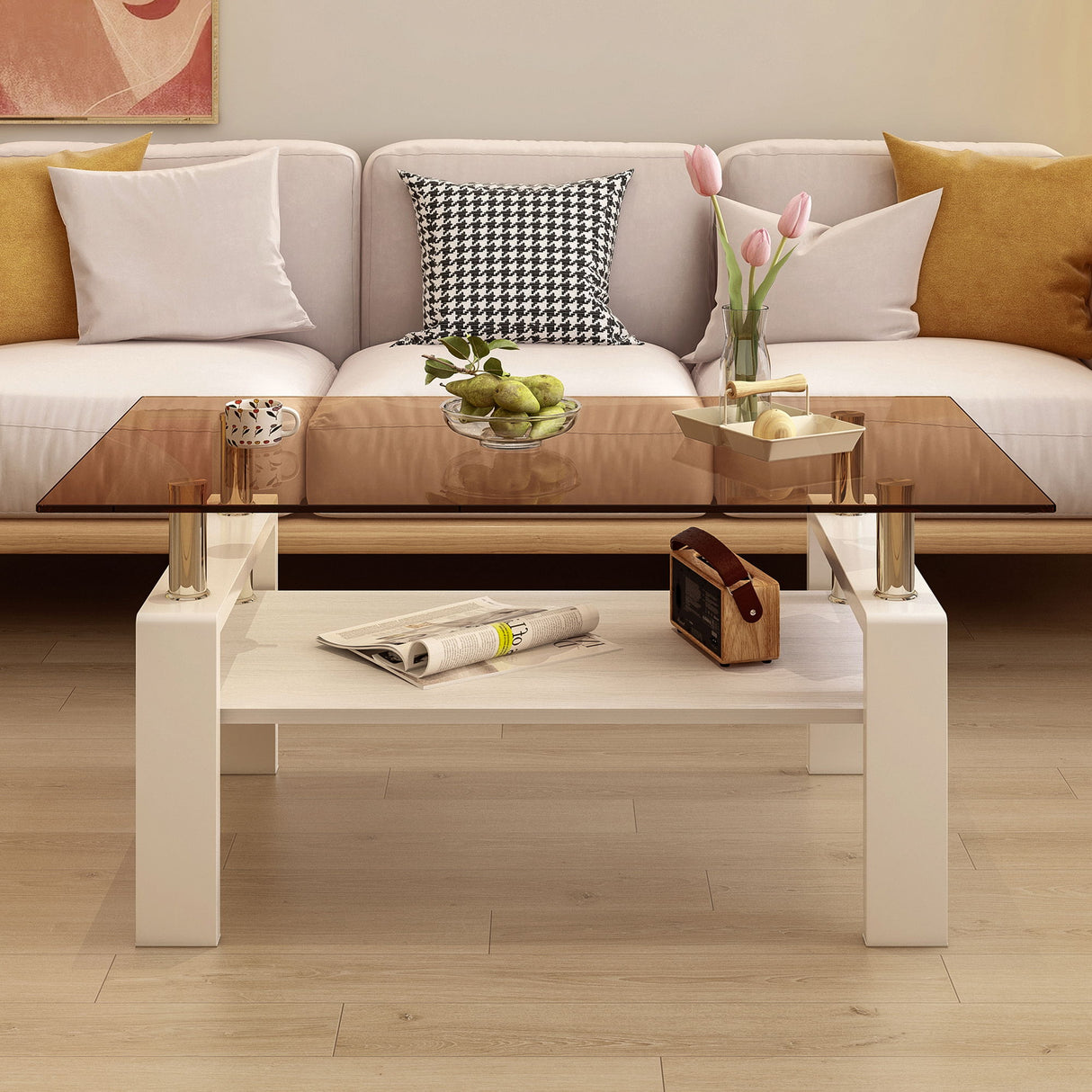 Modern Rectangular Coffee Table With Tempered Transparent Glass Top And Storage Shelf