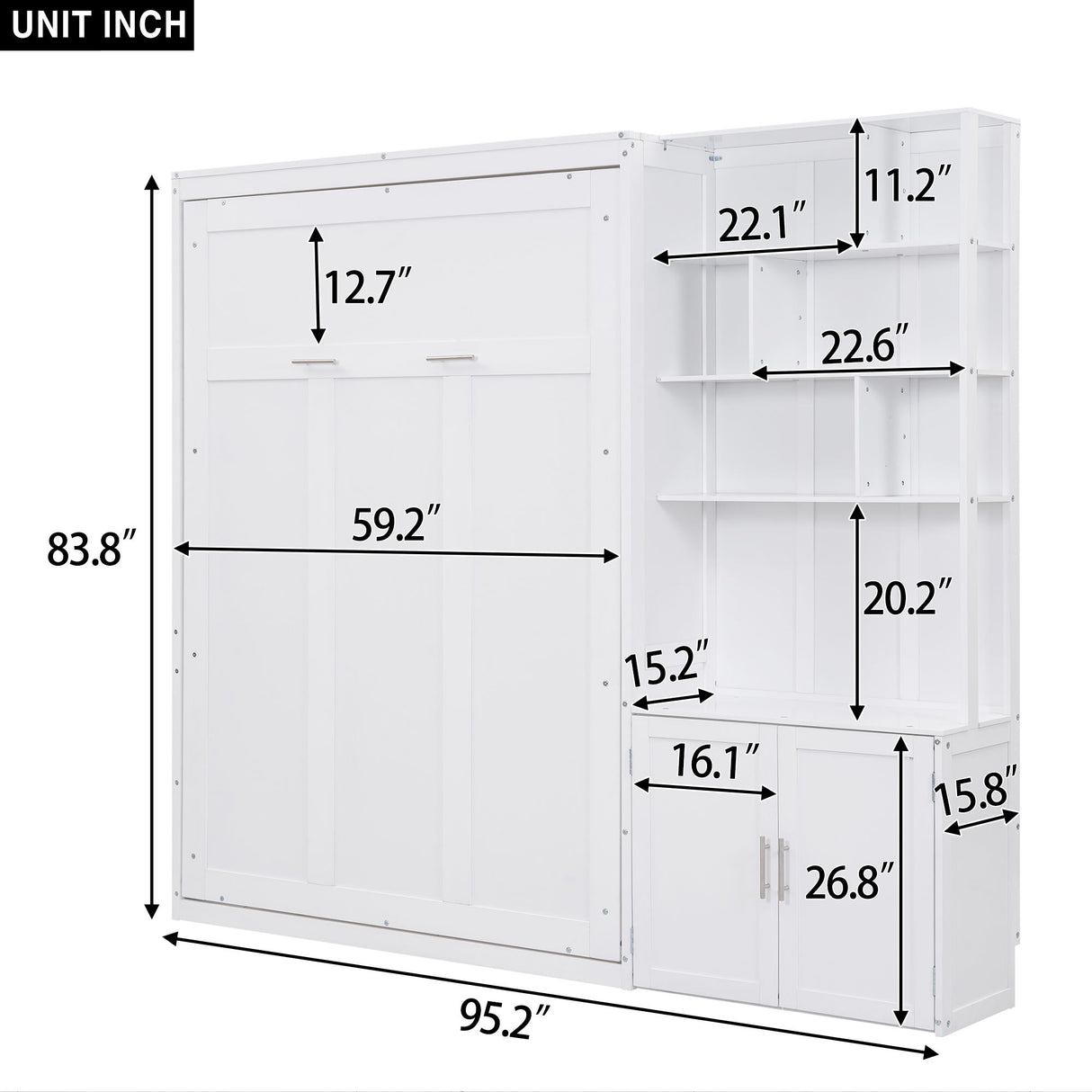 Full Size Murphy Bed With Multiple Storage Shelves And A Cabinet - White