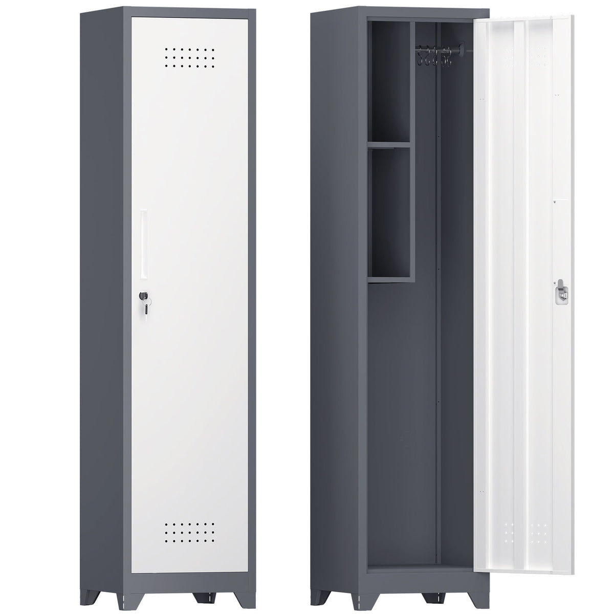 Broom Storage Cabinet, 65" Narrow Slim Utility With Hooks And Shelves, Heavy-Duty Construction - White