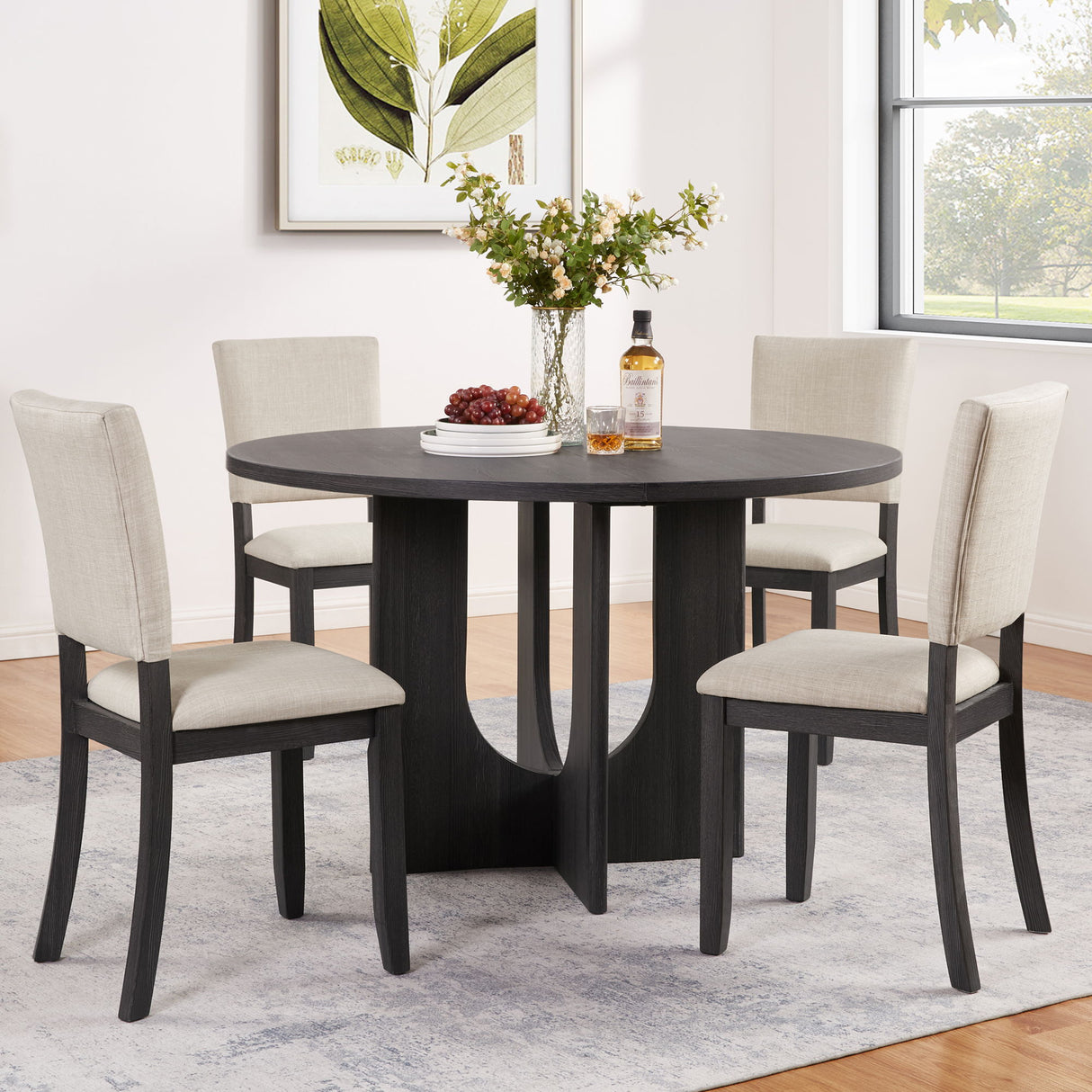 Round Dining Set With 4 Upholstered Dining Chairs