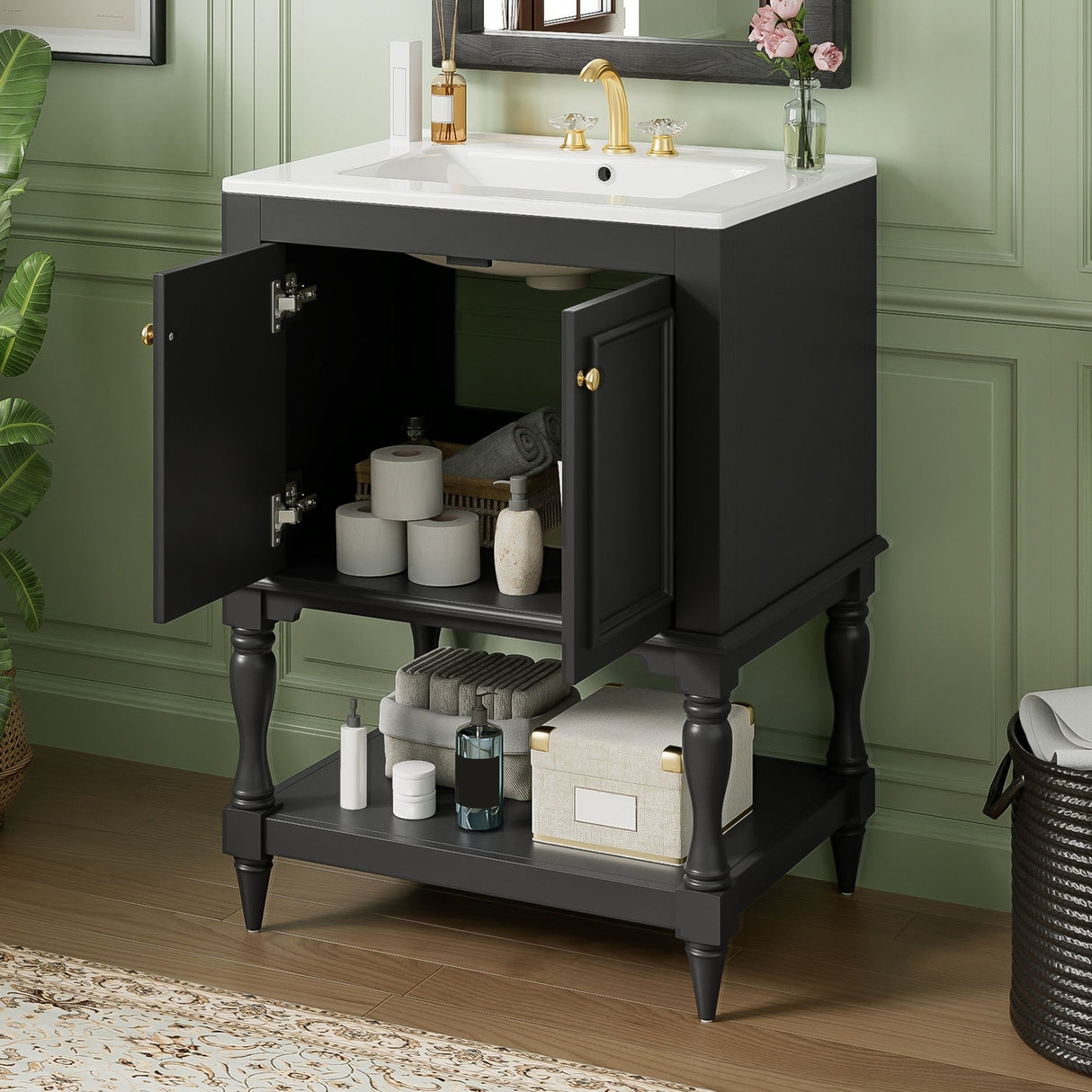 Modern Bathroom Vanity With Sink, Rectangular Cabinet With Open Shelf And Closed Storage