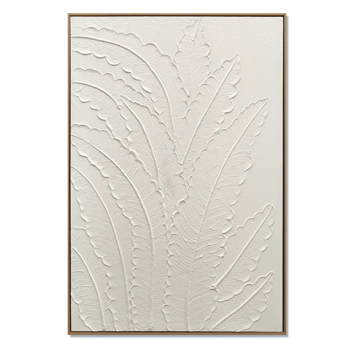 Framed Botanical Leaf Wall Art, Thick Textured Canvas Painting, Neutral Decor For Living Room - White