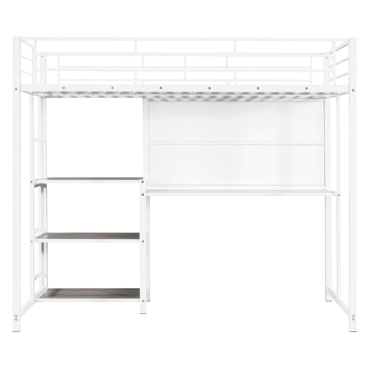 Metal Loft Bed With Desk, 3 Shelves And Ladder