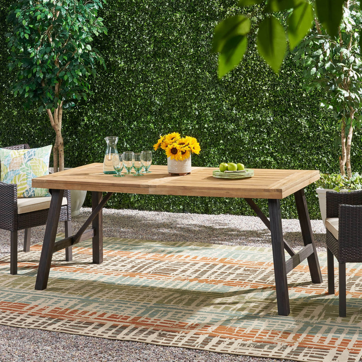 Outdoor Weather Resistant Dining Table With Slat Panel Design - Natural / Gray