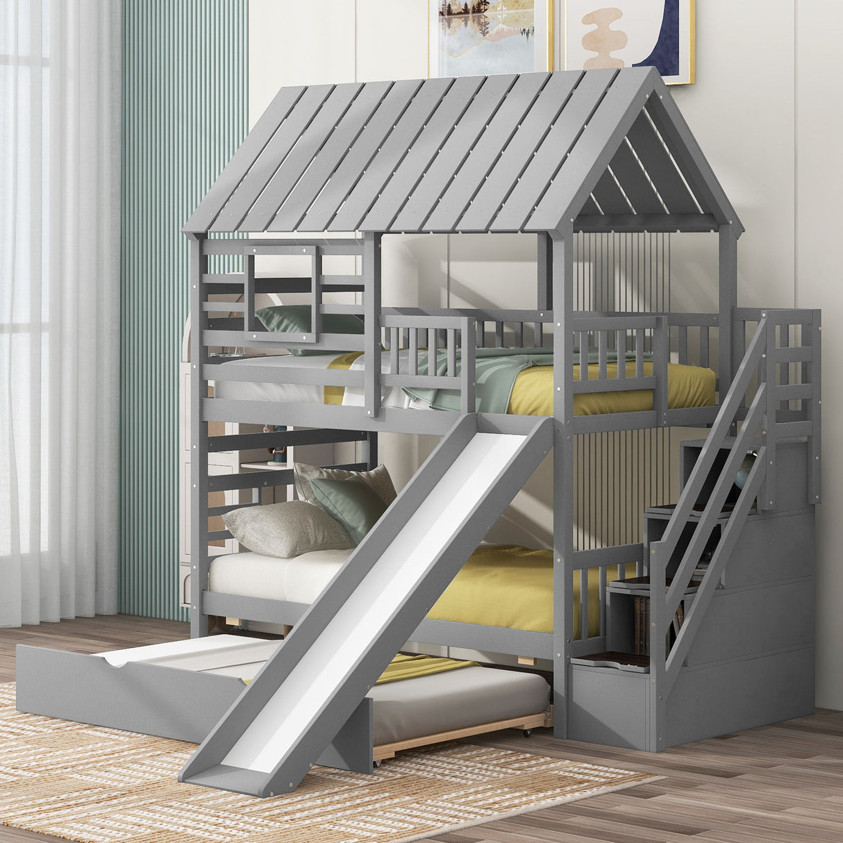 House Bunk Bed With Trundle, Storage Staircase, Roof And Window Design