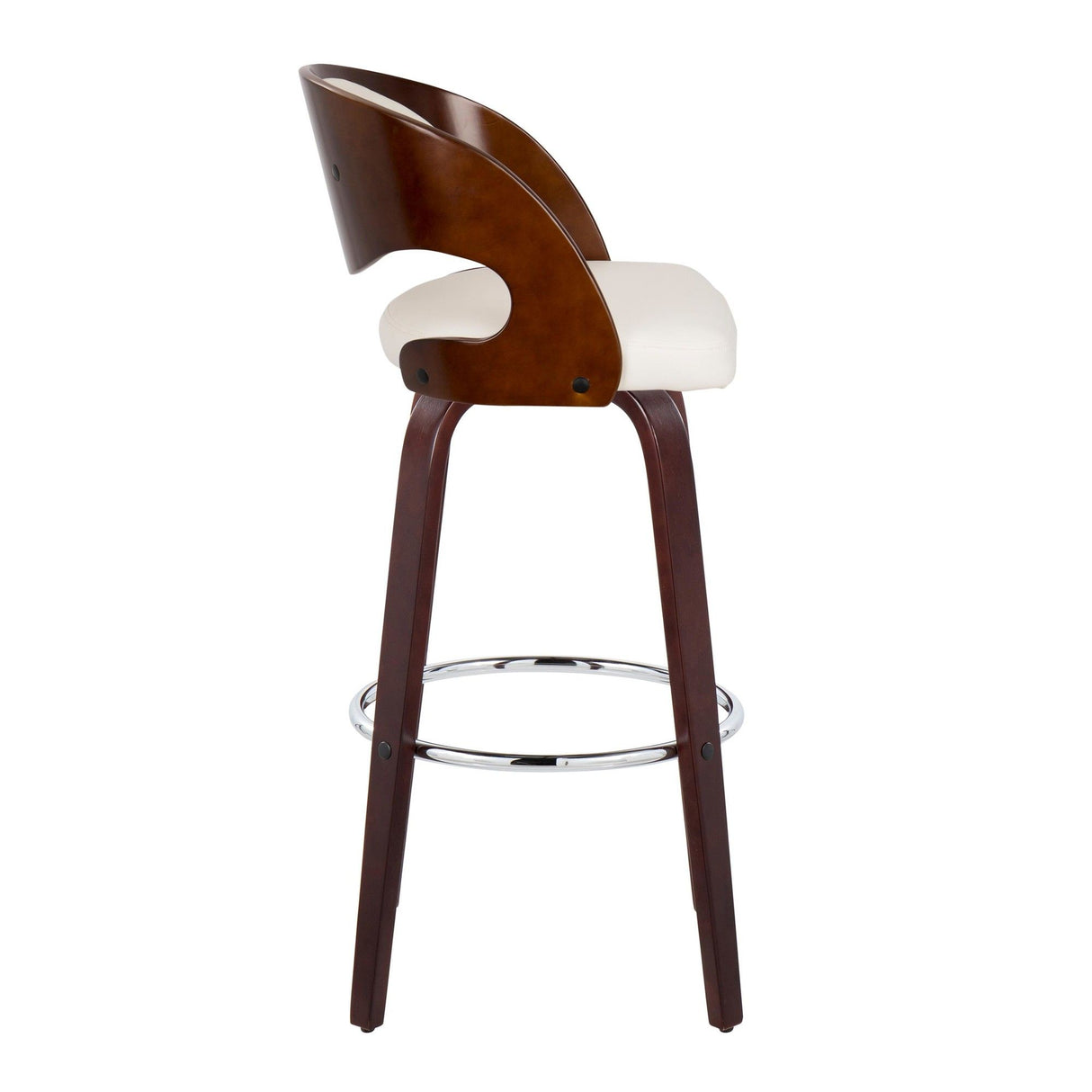 Pino - Mid-Century Modern Fixed-Height Swivel Barstool (Set of 2) - Cherry Wood And White Faux Leather With Round Chrome Metal Footrest