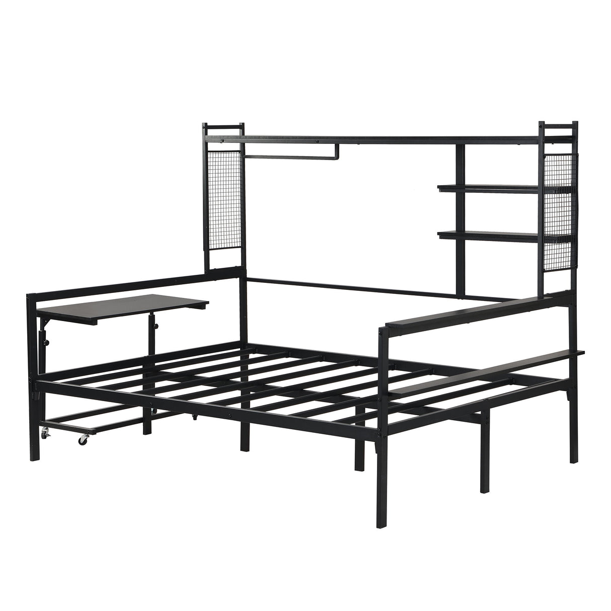 Daybed With Movable Desk, Grid, Shelves And Clothes Hanger