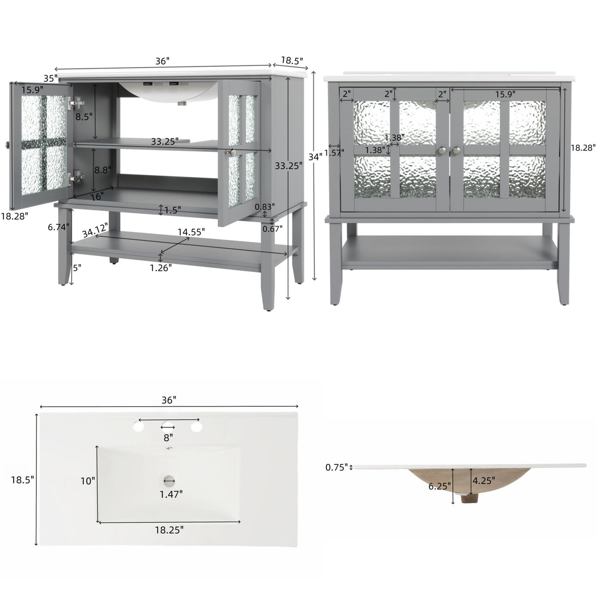 Bathroom Vanity With Ceramic Sink, Adjustable & Open Shelf