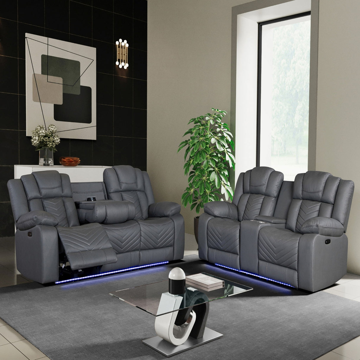 Raize - 10 Power Reclining Sofa With DDT, WC And LED - Gray