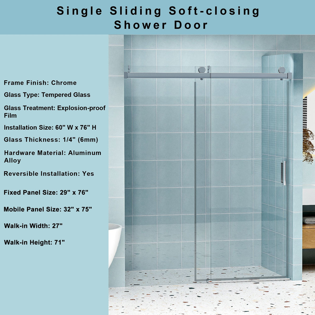 Frameless Soft Closing Shower Door, 1 / 4" (6Mm) Tempered Glass Single Sliding With Explosion Proof Coating - Chrome