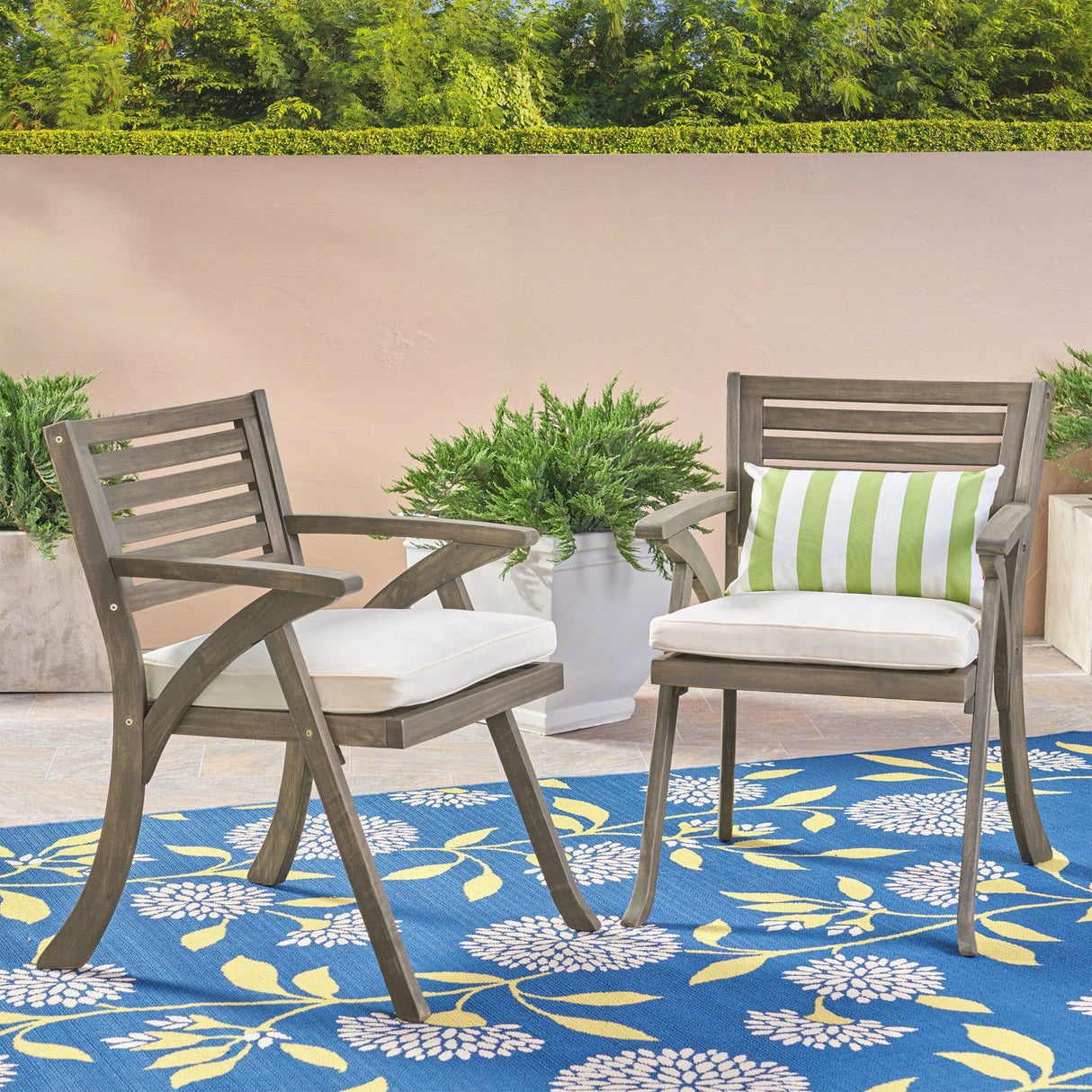 Helen - Outdoor Acacia Wood Dining Chair (Set of 2) - Gray / Creme