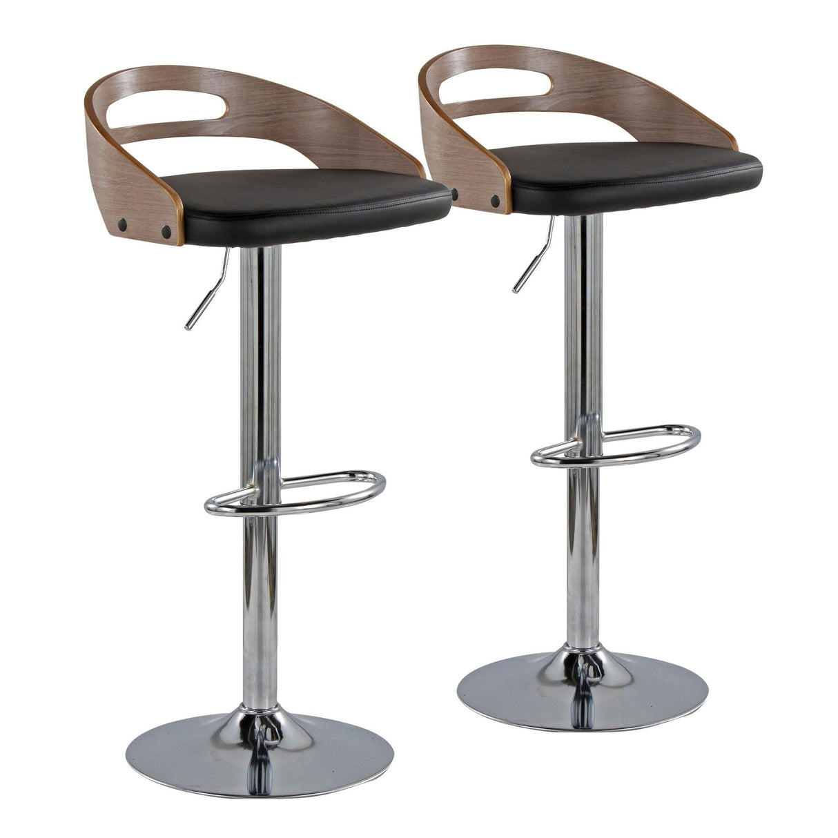 Cassis - Mid-Century Modern Adjustable Barstool With Swivel (Set of 2) - Chrome Metal, Light Gray Wood And Black Faux Leather With Oval Footrest