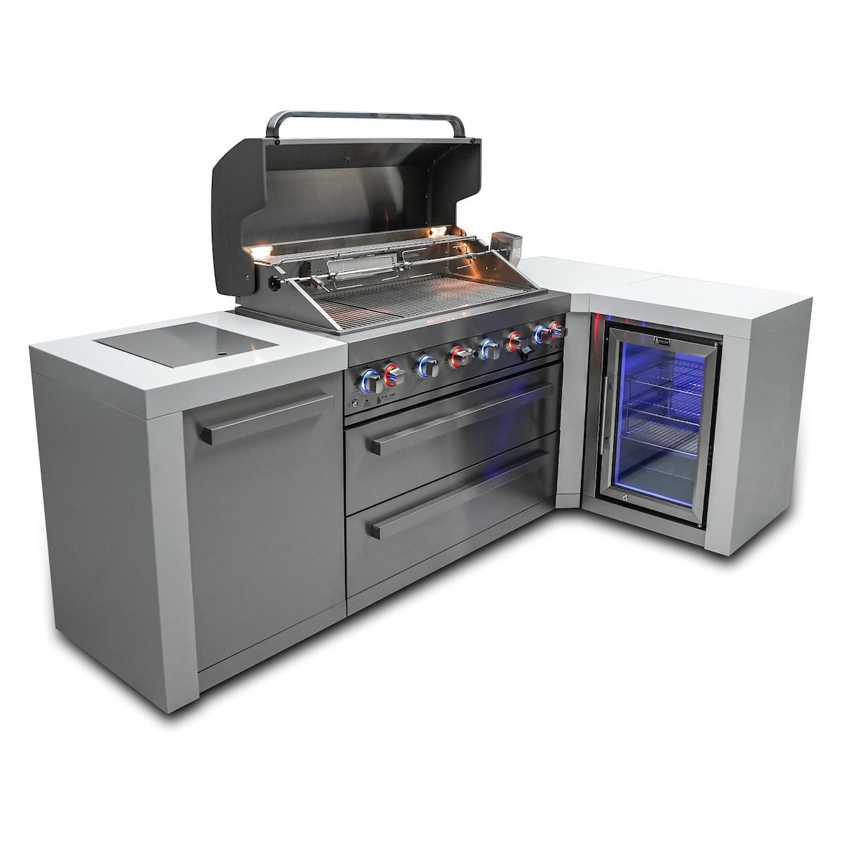 Mont Alpi Deluxe Series 8 Ft L-Shaped Propane Outdoor Kitchen Island w/ Side Burner & Fridge - MAi805-D90FC