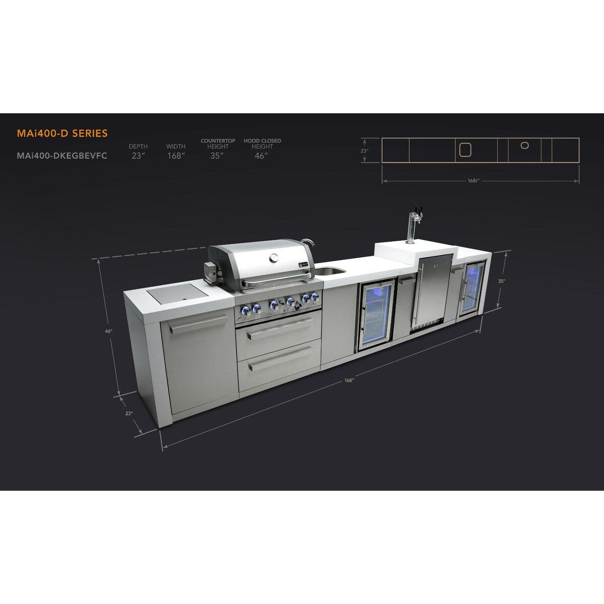 Mont Alpi Deluxe Series 14 Ft Propane Outdoor Kitchen Island w/ Side Burner, Beverage Center, Fridge & Kegerator - MAi400-DKEGBEVFC