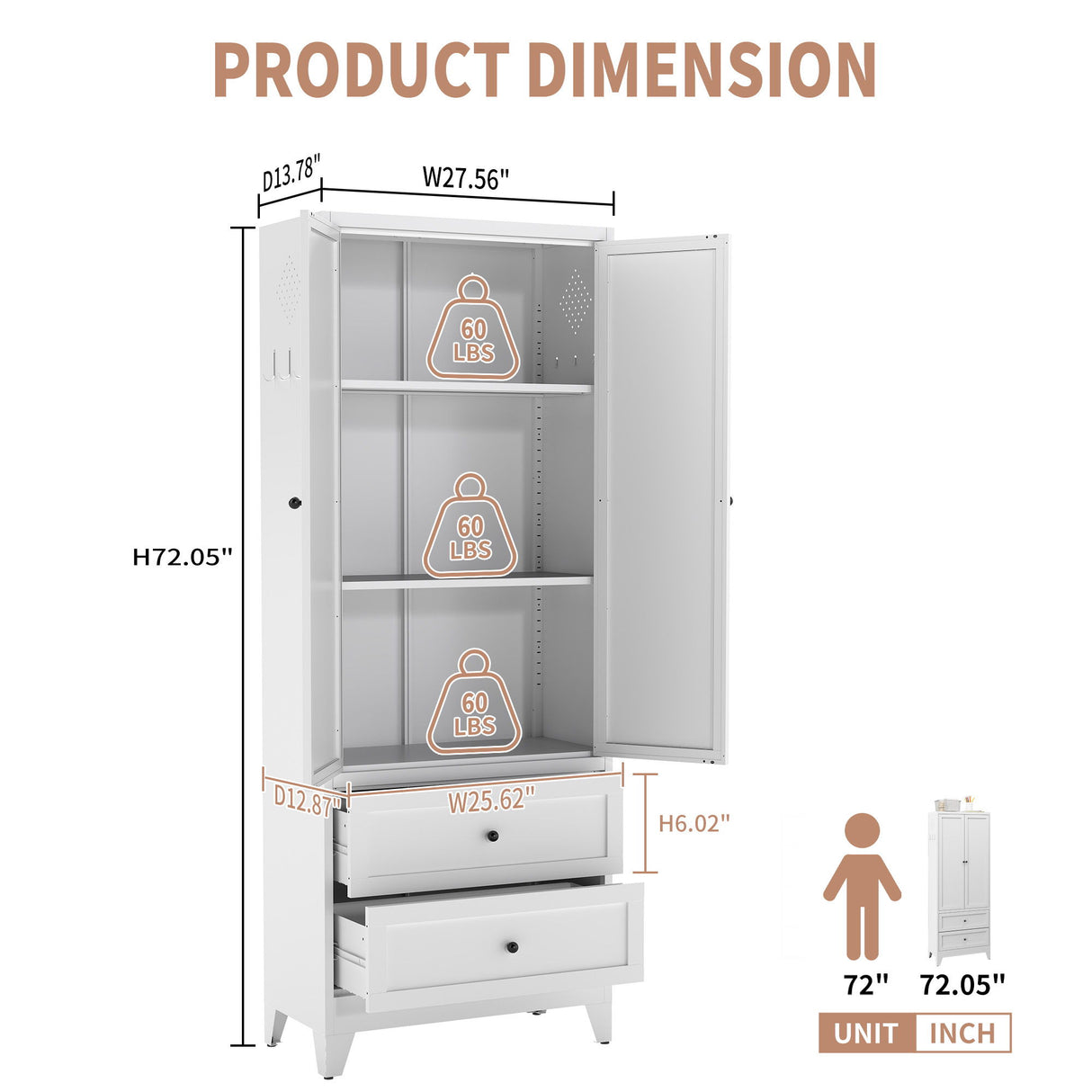 Pantry Cabinet With 2 Drawers, Adjustable Shelves, Freestanding Kitchen Storage Organizer - White