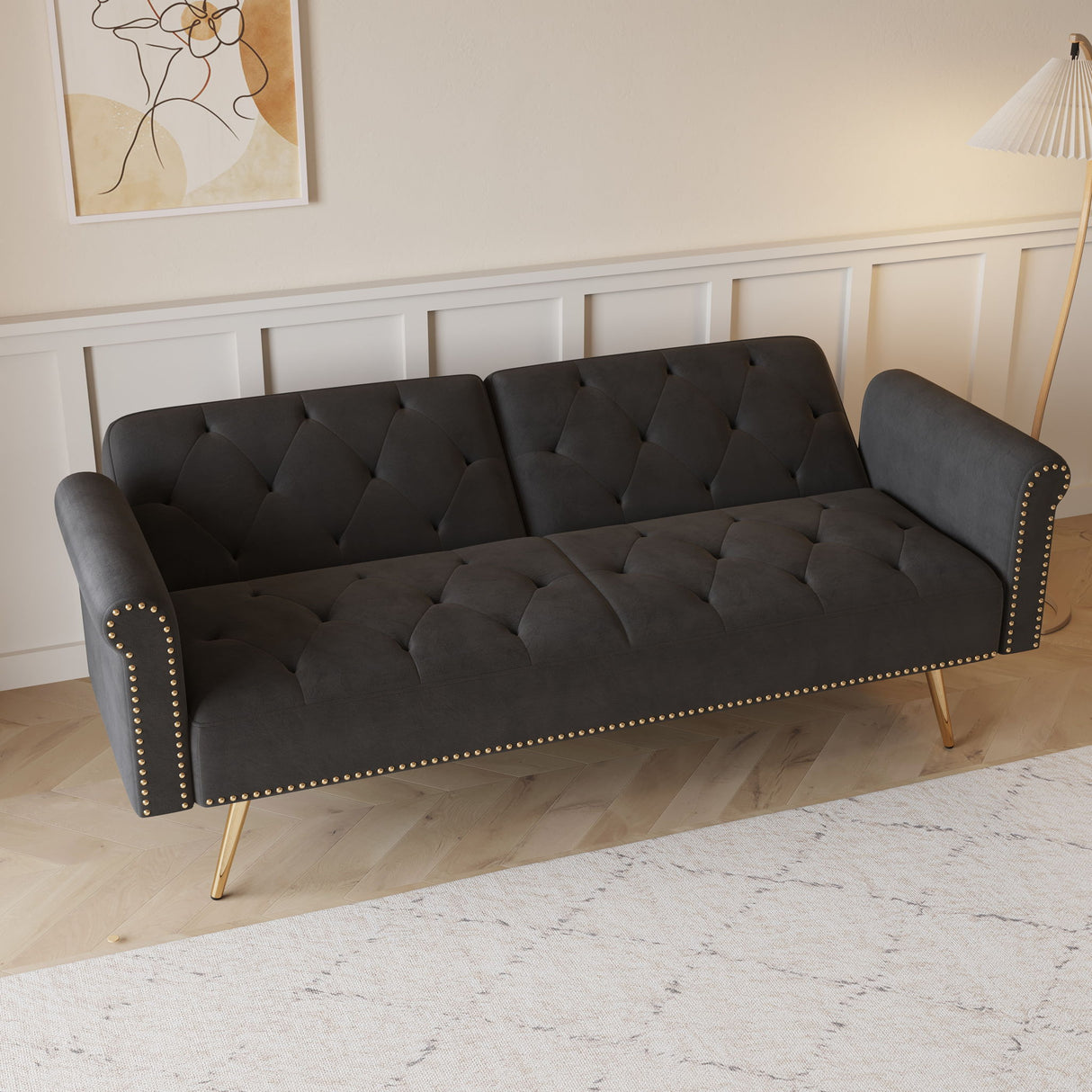 Luxurious Sofa Bed With Nail Head Trim And Matching Pillow