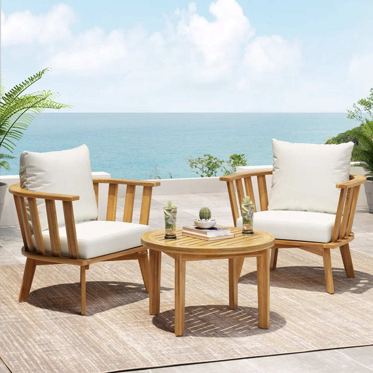 Patio Furniture Set, Outdoor Acacia Wood Patio Club Chair With Table