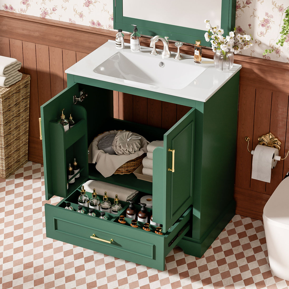 Bathroom Vanity With Sink, 1 Divided Drawer And 2 Soft Close Doors With Double Shelf