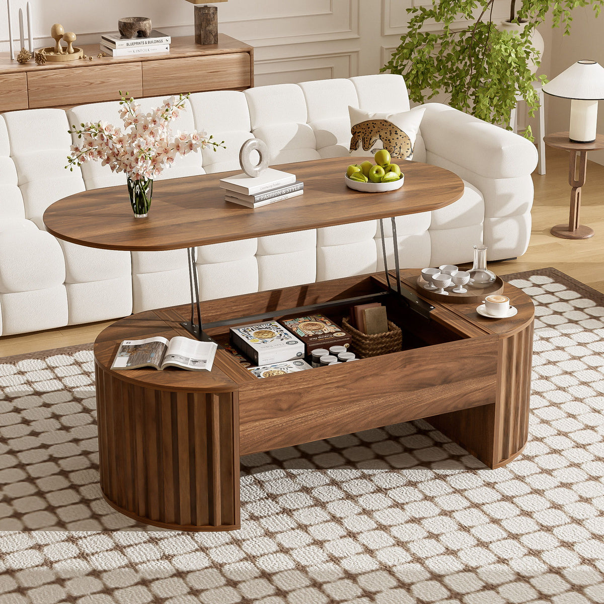 Lift Top Coffee Table With Hidden Compartment, Modern Oval Lift Tabletop For Home Living Room