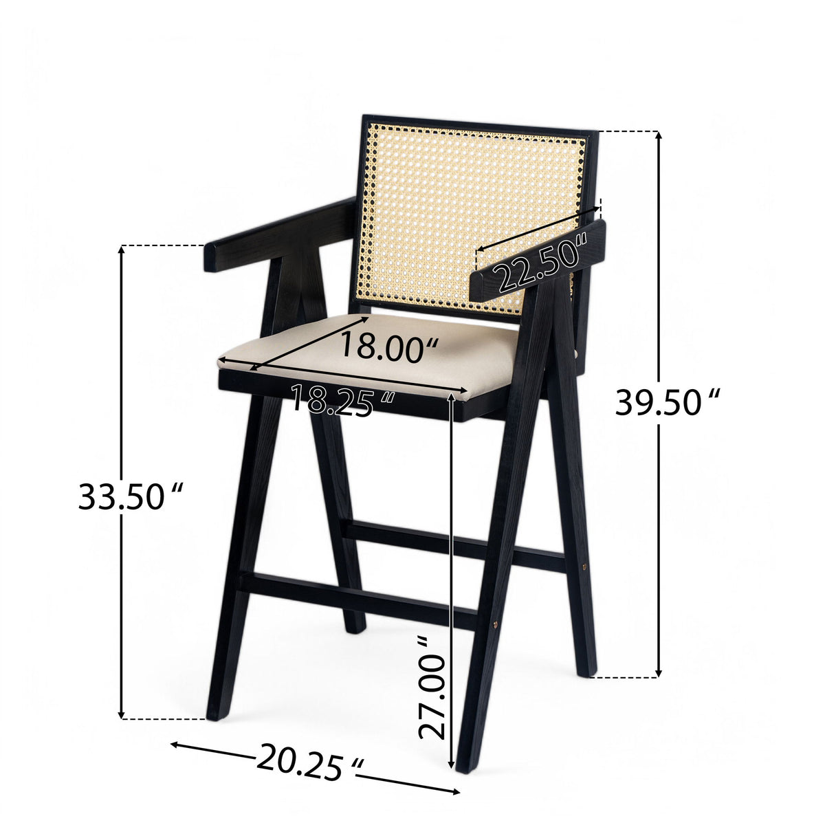 Woven Cane Plastic Backrest Bar Stool Foam Padded Fabric Seat & Durable Rubberwood Frame - Cream Gray