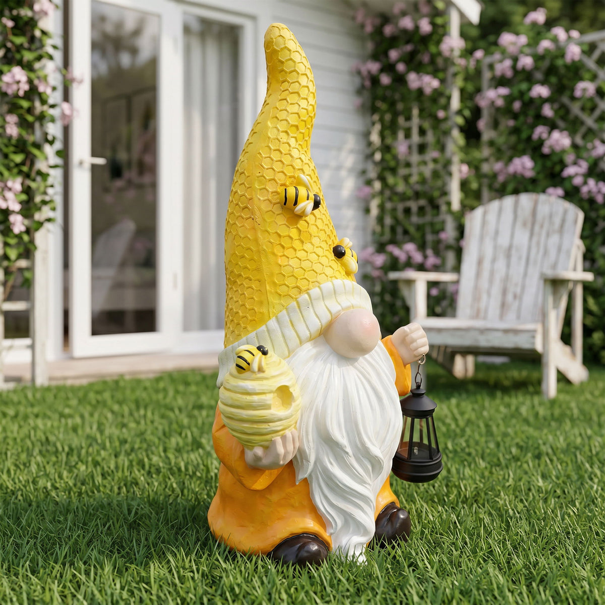 Tree Spirit Old Man Statue With Bee Decor, Garden Sculpture Ornament - Yellow / White