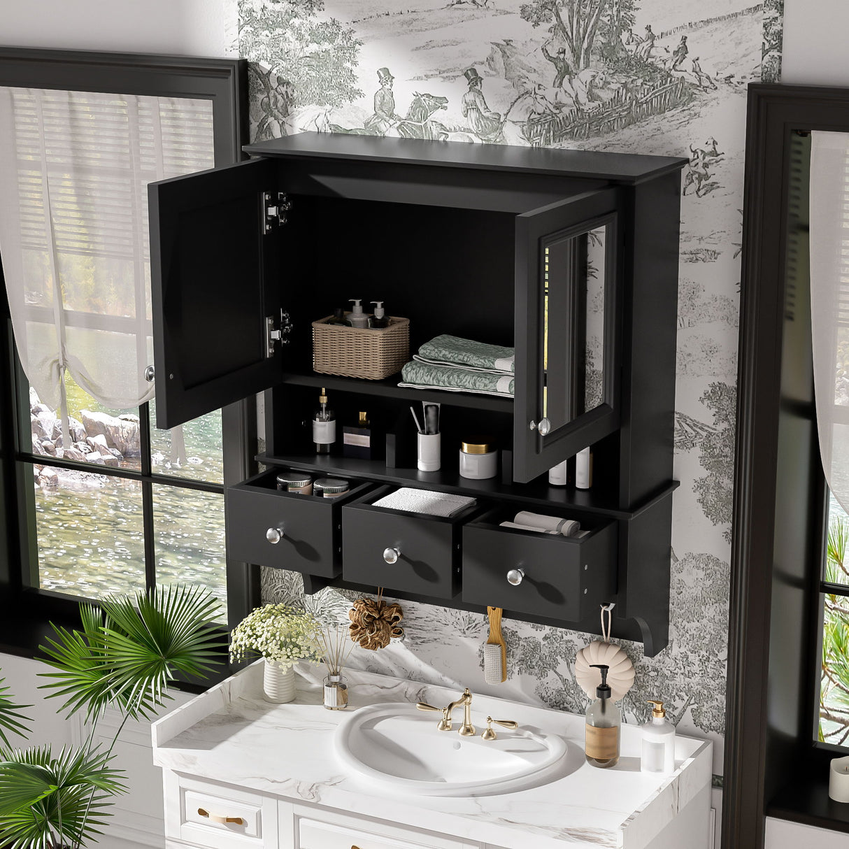 Modern Bathroom Mirror Cabinet With Drawers, Organizer Hooks, And High-Definition Mirrors
