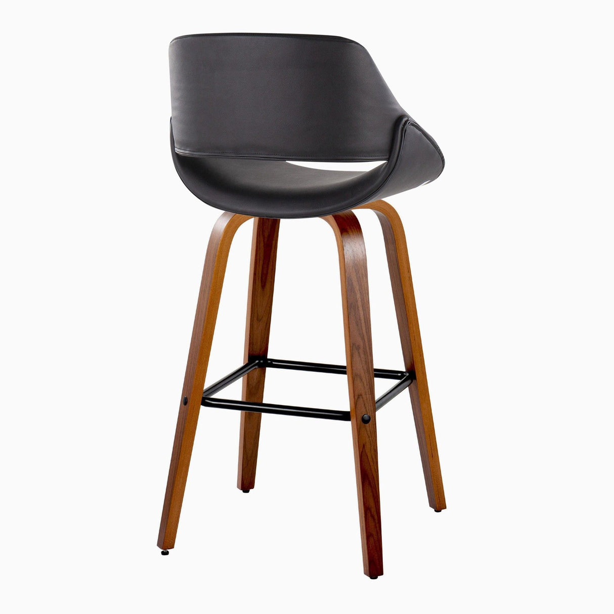 Fabrizzi - 30" Fixed-Height Barstool With Swivel And Square Black Metal Footrest (Set of 2) - Walnut Wood