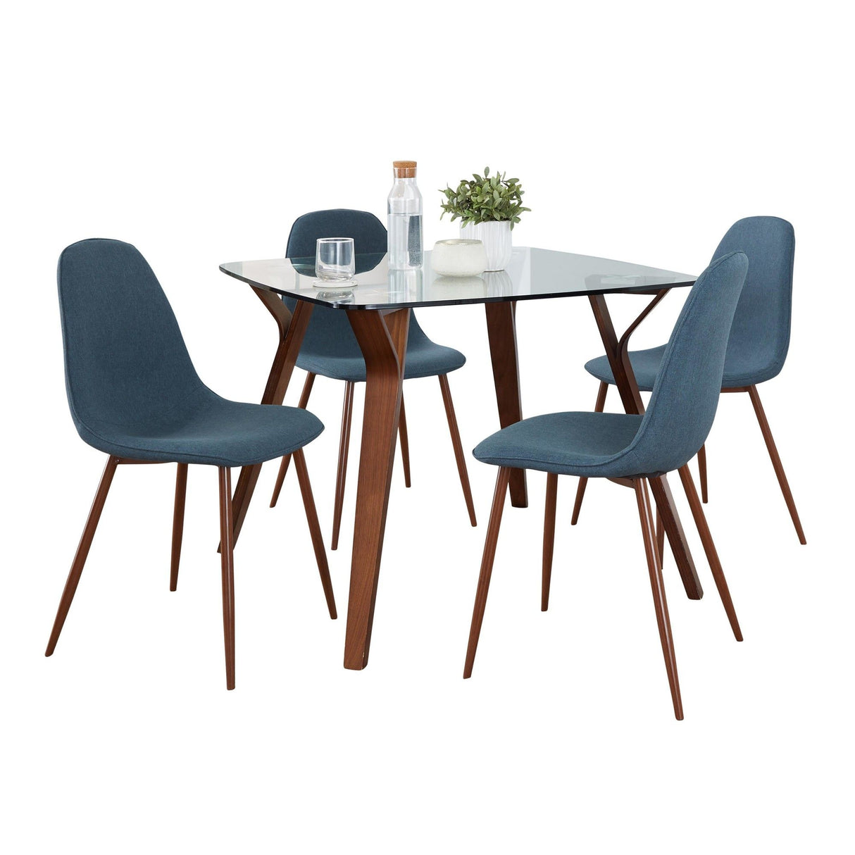 Folia - Square Pebble Mid-Century Modern 5 Piece Dining Room Set - Walnut Wood, Square Clear Tempered Glass, Walnut Metal And Blue Fabric