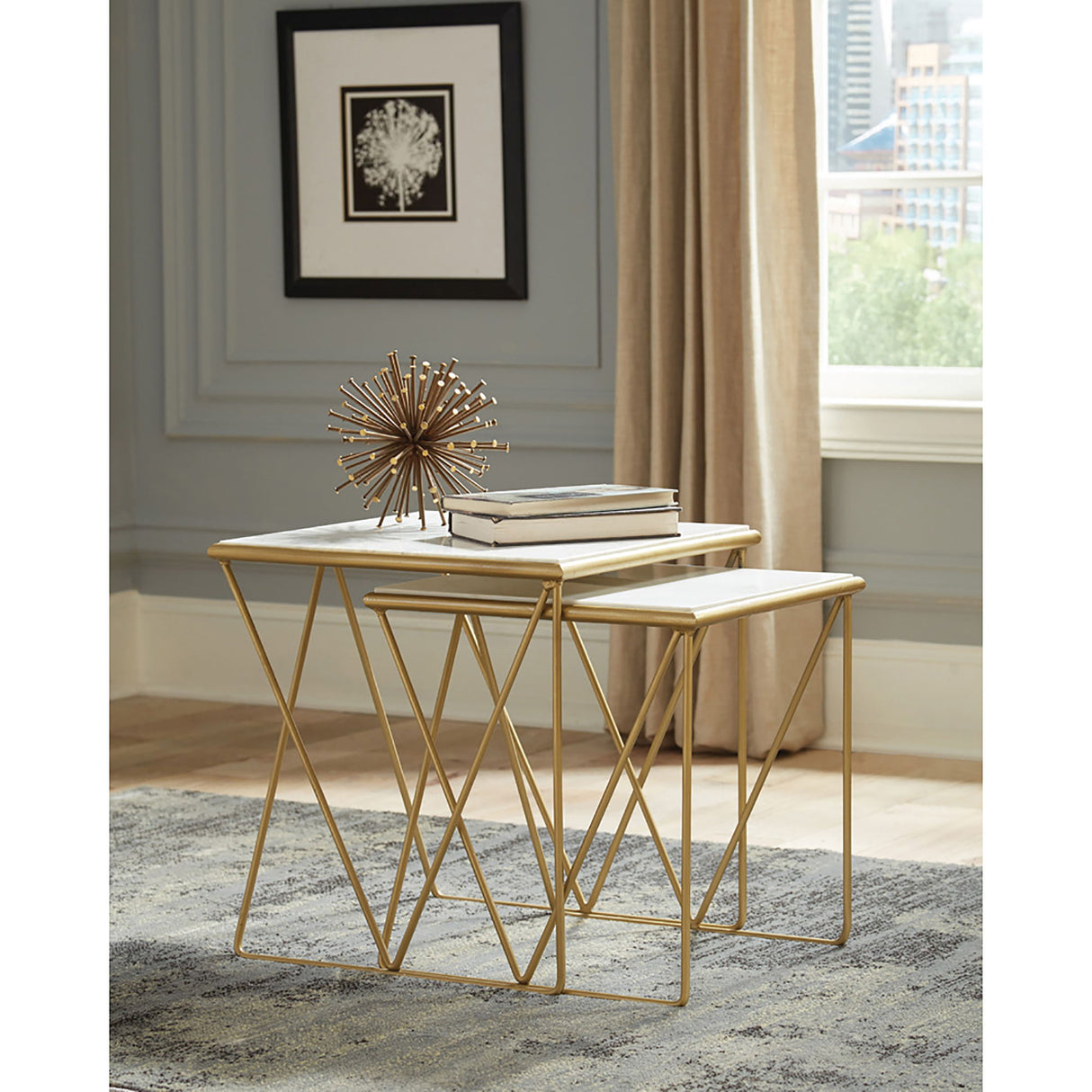 Sinclair - 2 Piece Nesting Table Set With Iron And Luxurious Marble Surface - White / Gold