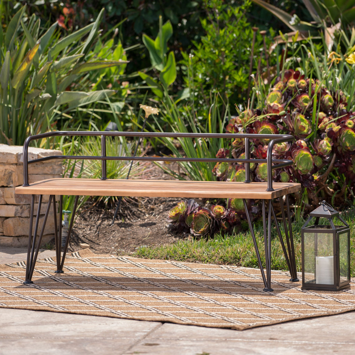 Outdoor Bench With Powder Coated Iron Frame - Teak