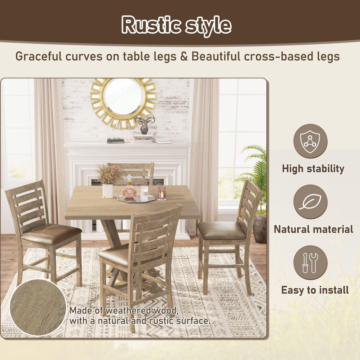 Modern Farmhouse Square Counter Table Solid Wood Rubberwood Antique Finishing Rustic Look Distressed Look Wire Brushed For 4 Seaters - Grayish Brown
