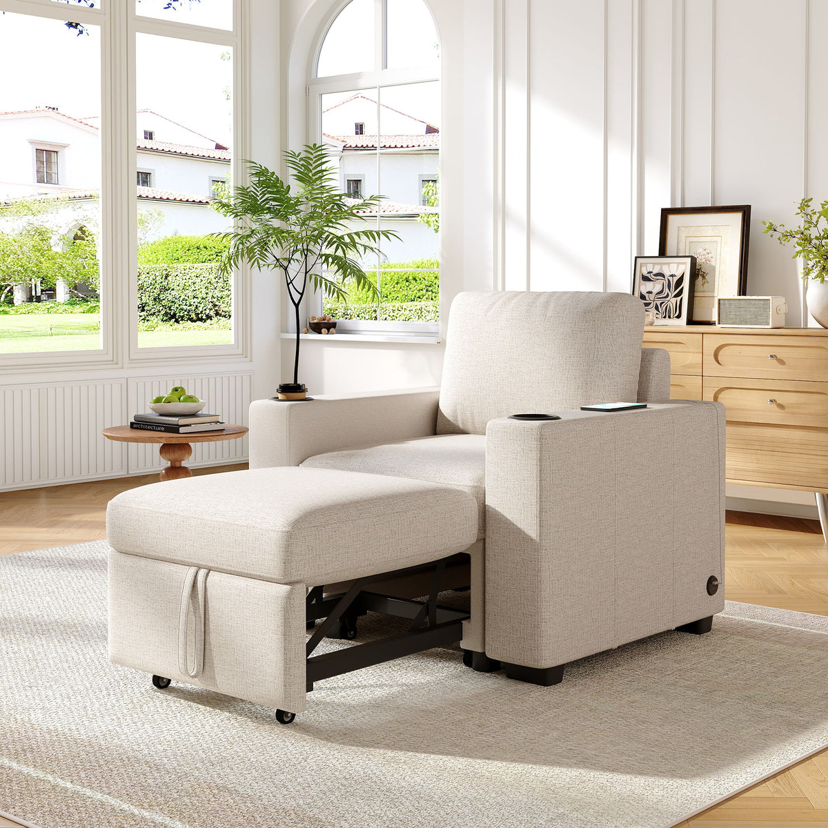 Single Pull Out Sofa Bed With USB Ports And Cup Holders