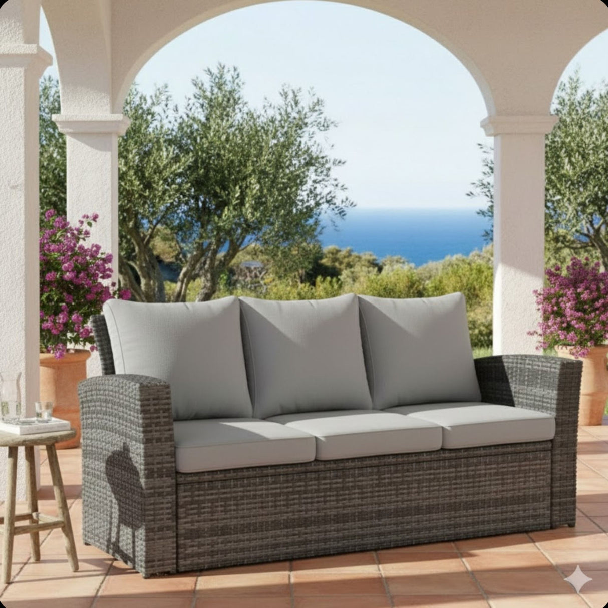 All-Weather Wicker 3 Seat Patio Sofa With Thick Cushions
