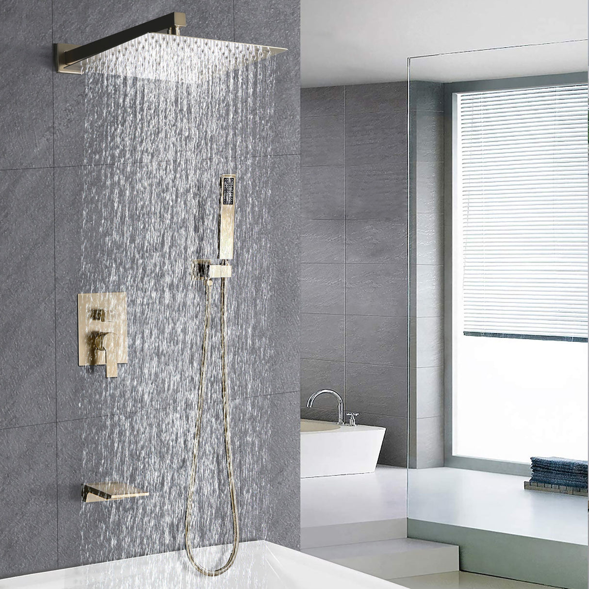 Tub Shower Faucet Set With 12" Rain Shower Head And Handheld Spray Combo