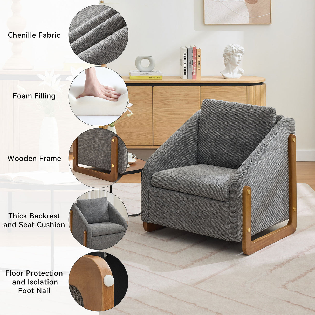 Modern Upholstered Armchair With Wooden Side Frame