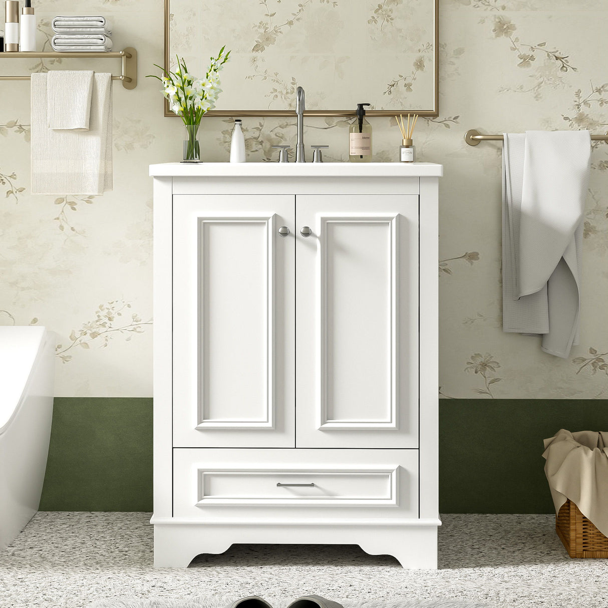 Bathroom Vanity With Ceramic Sink Combo, Modern Freestanding Storage Cabinet With Silver Handles
