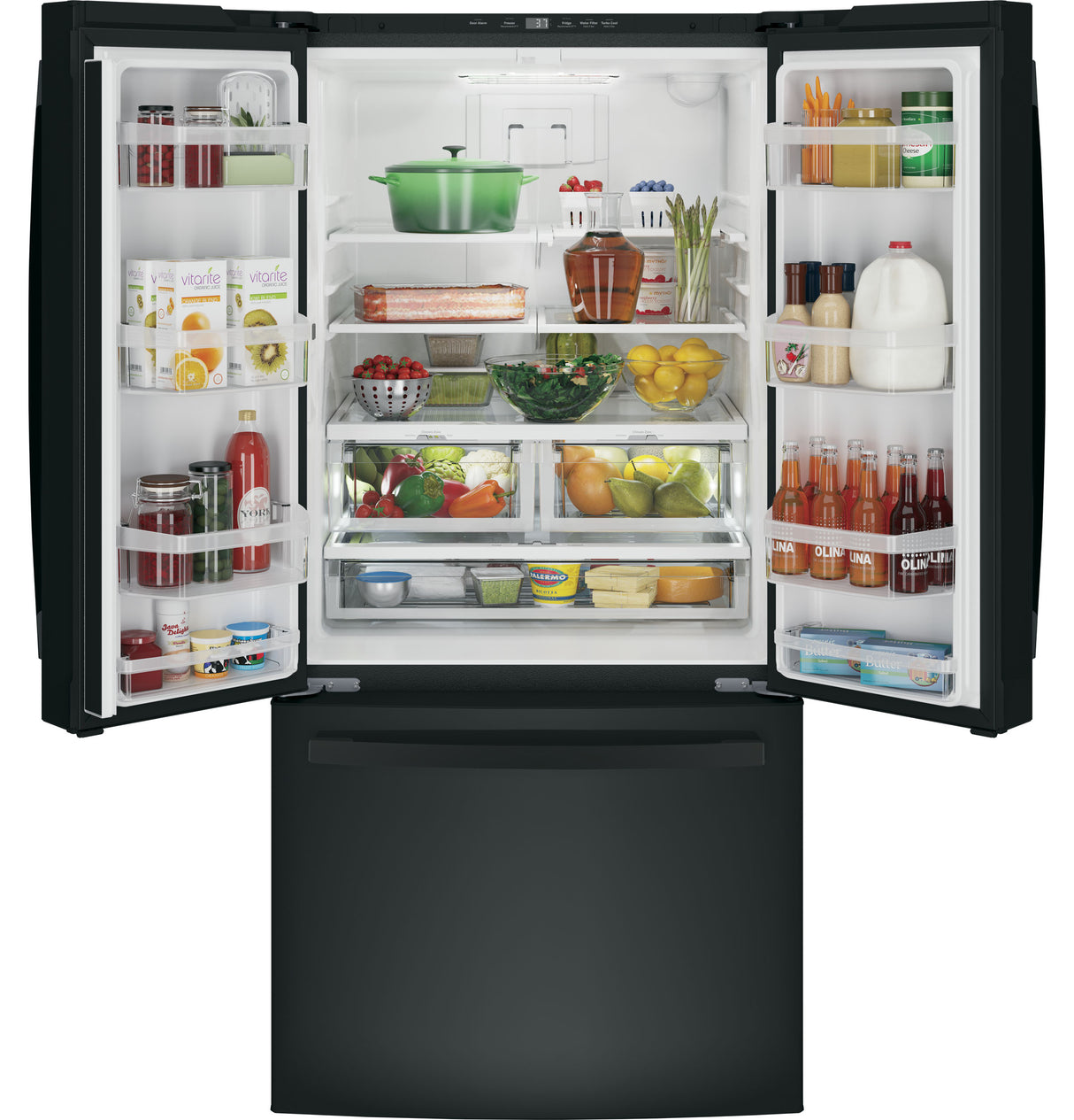 GE GNE25JGKBB - 33 in. 24.7 cu. ft. French Door Refrigerator with Internal Water Dispenser - Black on Black