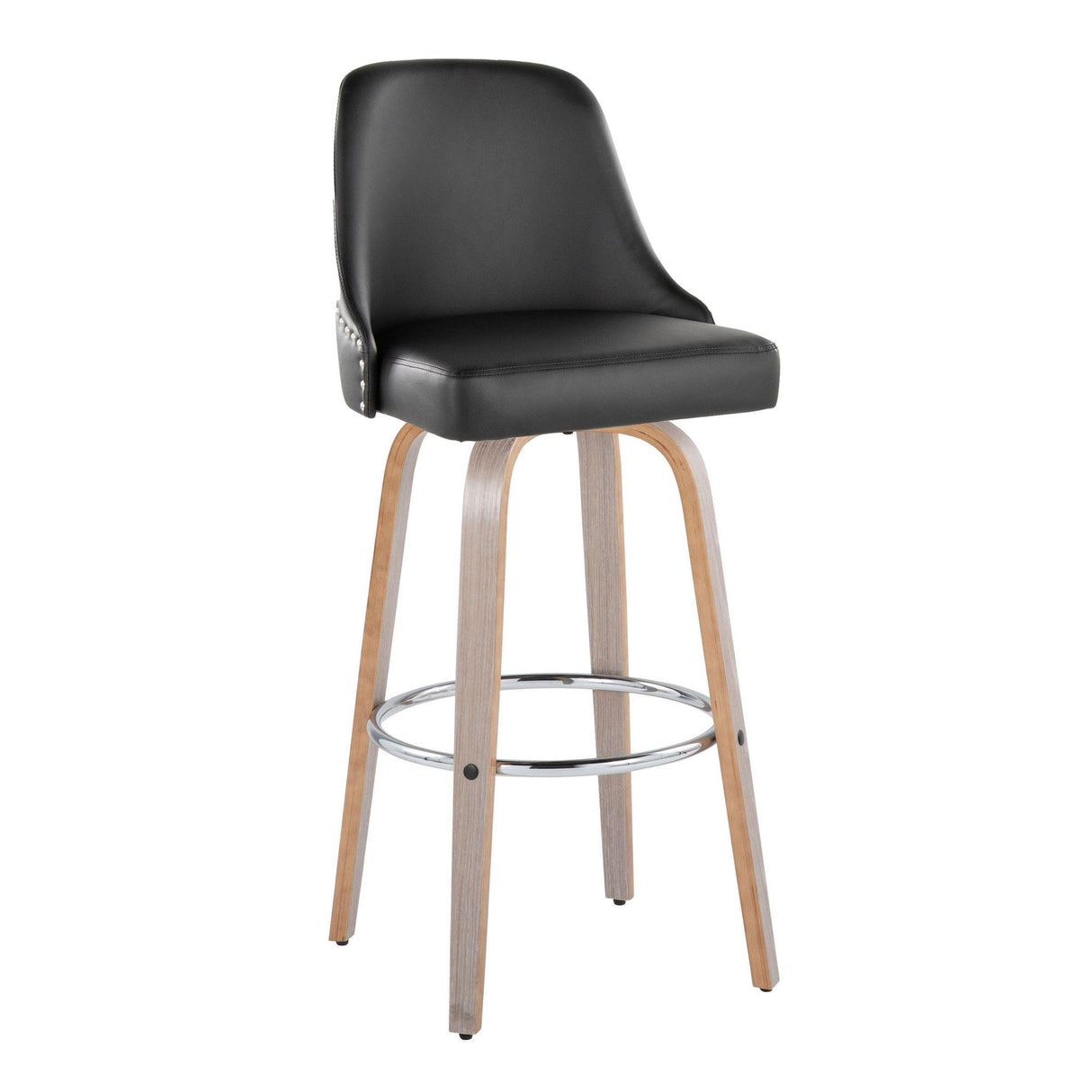 Studded - Marcel Fixed-Height Barstool (Set of 2) - Light Gray Wood, Black Faux Leather, Chrome Metal