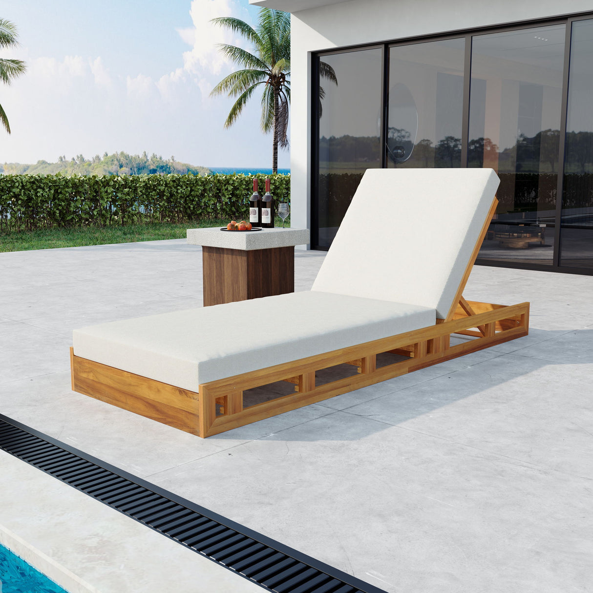 Premium Acacia Wood Lounge Chaise Set With Water Resistant Cushions, Adjustable Recline - Cream / Teak