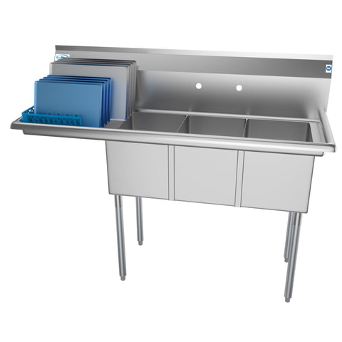 55 in. Three Compartment Stainless Steel Commercial Sink with Drainboard, Bowl Size 12"x 16"x 10" SC121610-16L3.