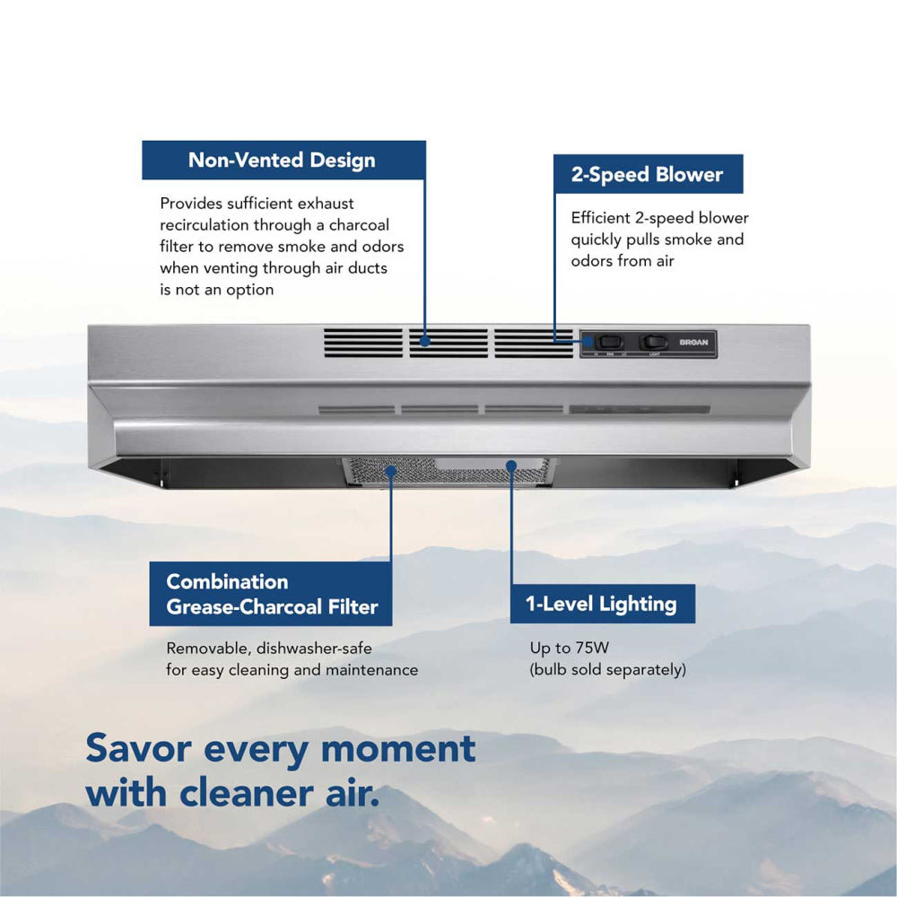 Broan F4036SF range hood features infographic