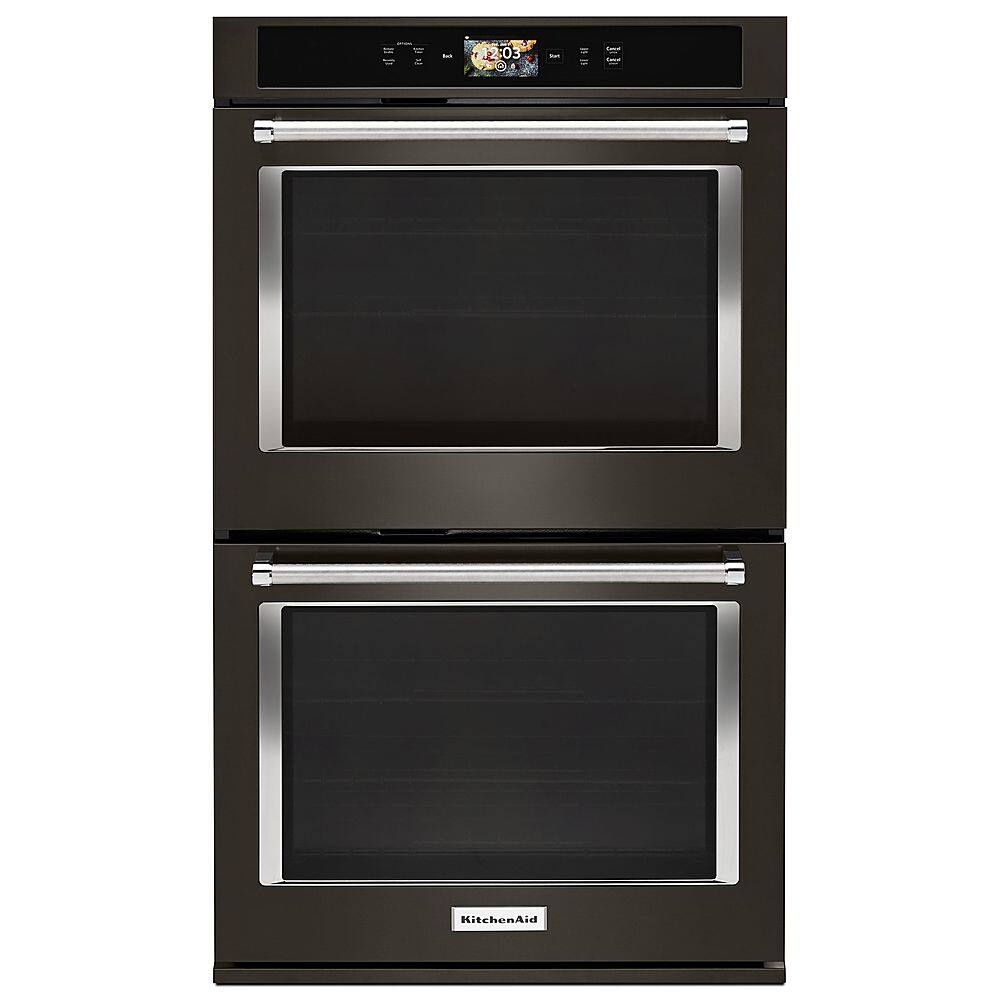 KitchenAid KODE900HBS black stainless double wall oven front view