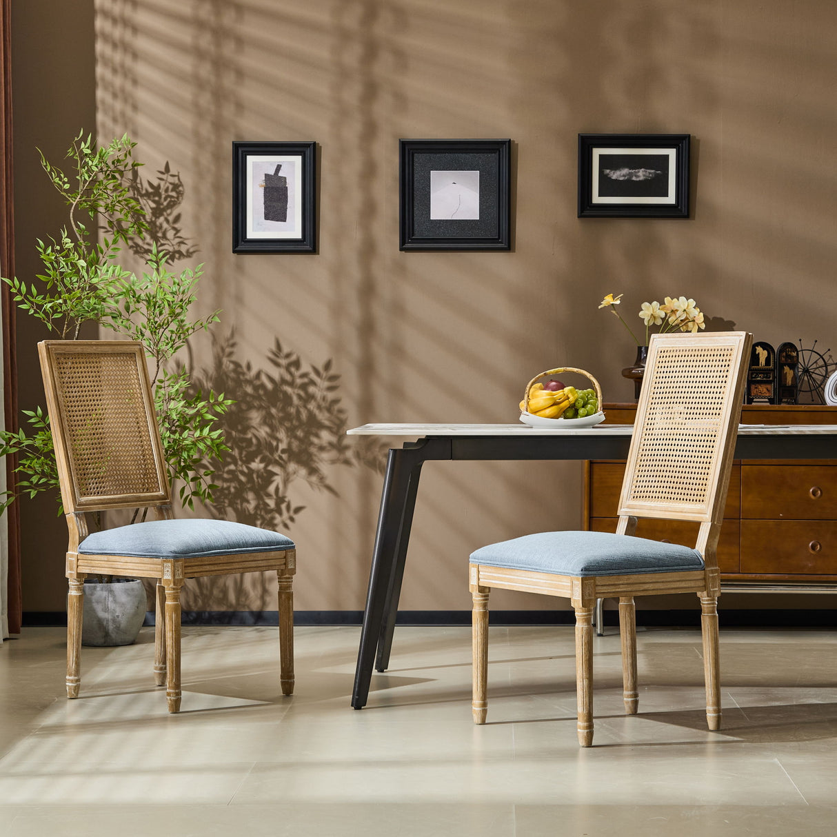 French Country Dining Chair With Rectangular Cane Backrest And Smooth Upholstered Seating