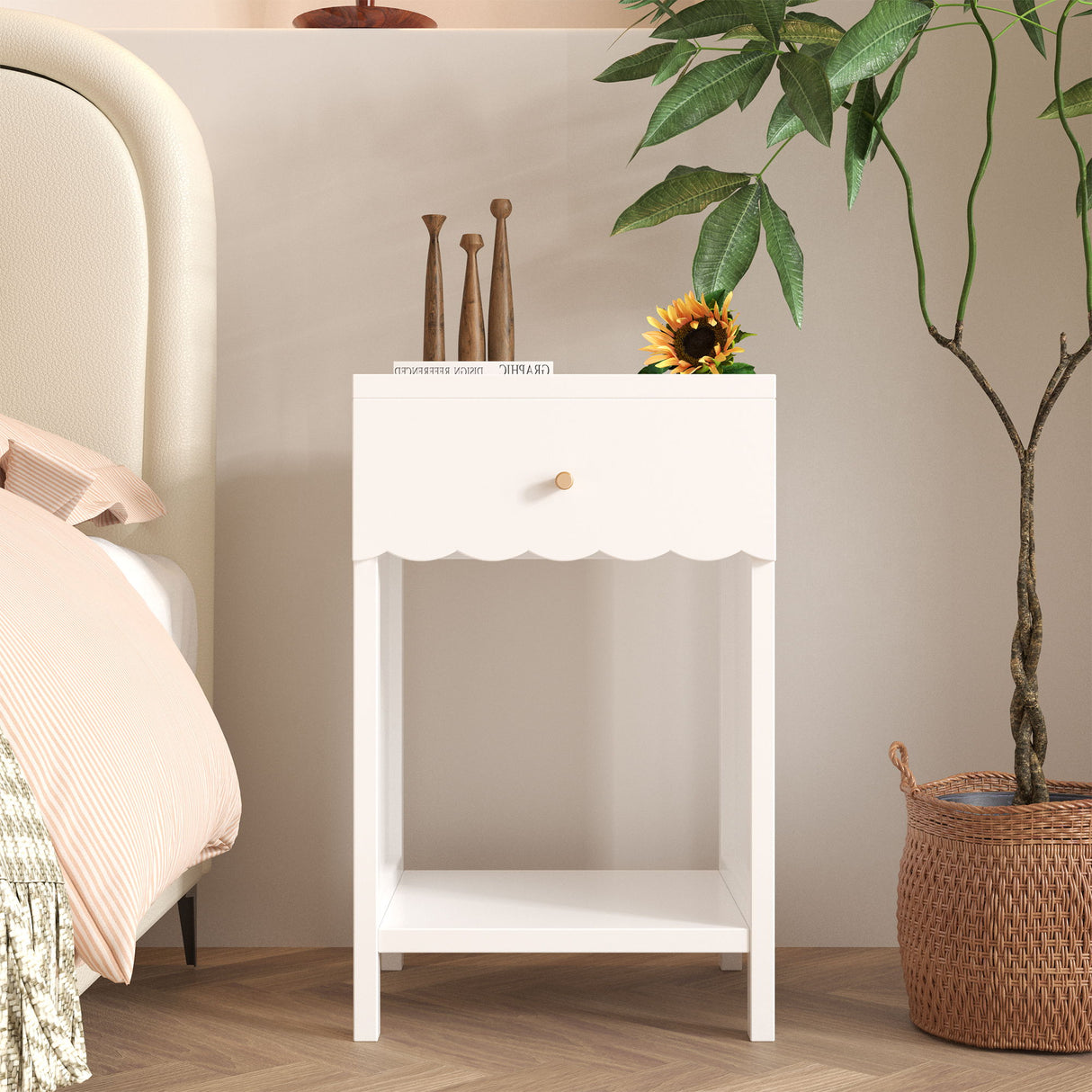Nightstand With Drawer And Open Shelf, Scalloped Edge Bedside Table For Bedroom - White