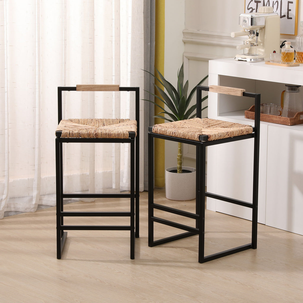 Water Hyacinth Woven Bar Stools With Back Support, Counter Height Dining Chairs (Set of 2) - Natural
