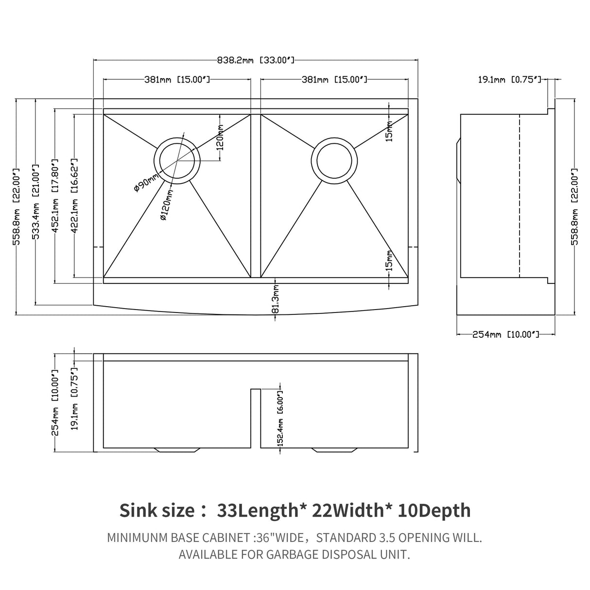 Farmhouse Double Bowl Workstation Kitchen Sink 33" Stainless Steel 16 Gauge Apron Front, Finish - White