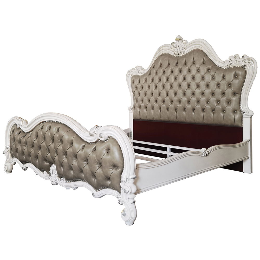 Versailles II - Queen Bed - Vintage Gray Synthetic Leather & Bone White